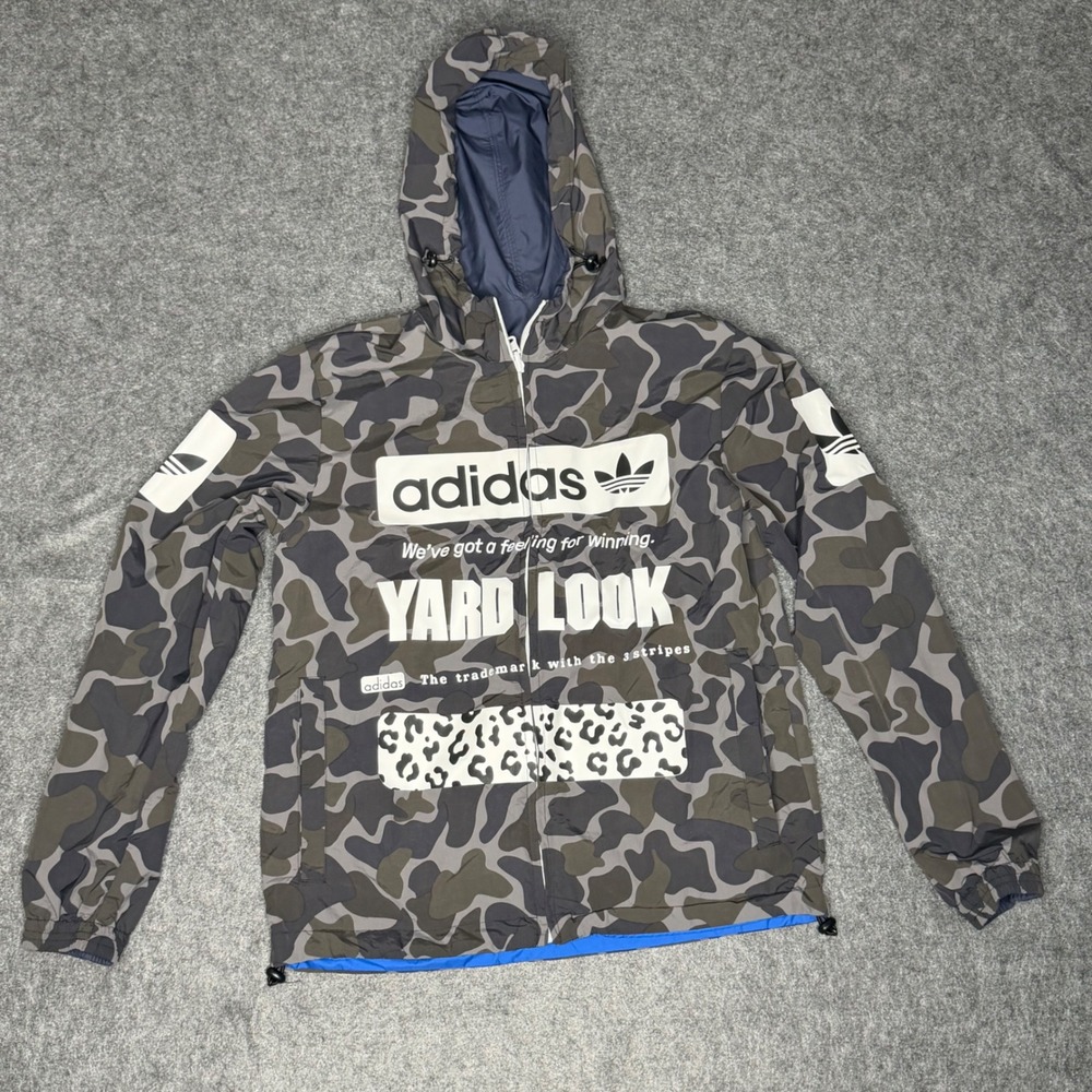 Adidas Reversible Windbreaker Jacket Mens Camo‎ Yard Look Blue Hooded Full Zip